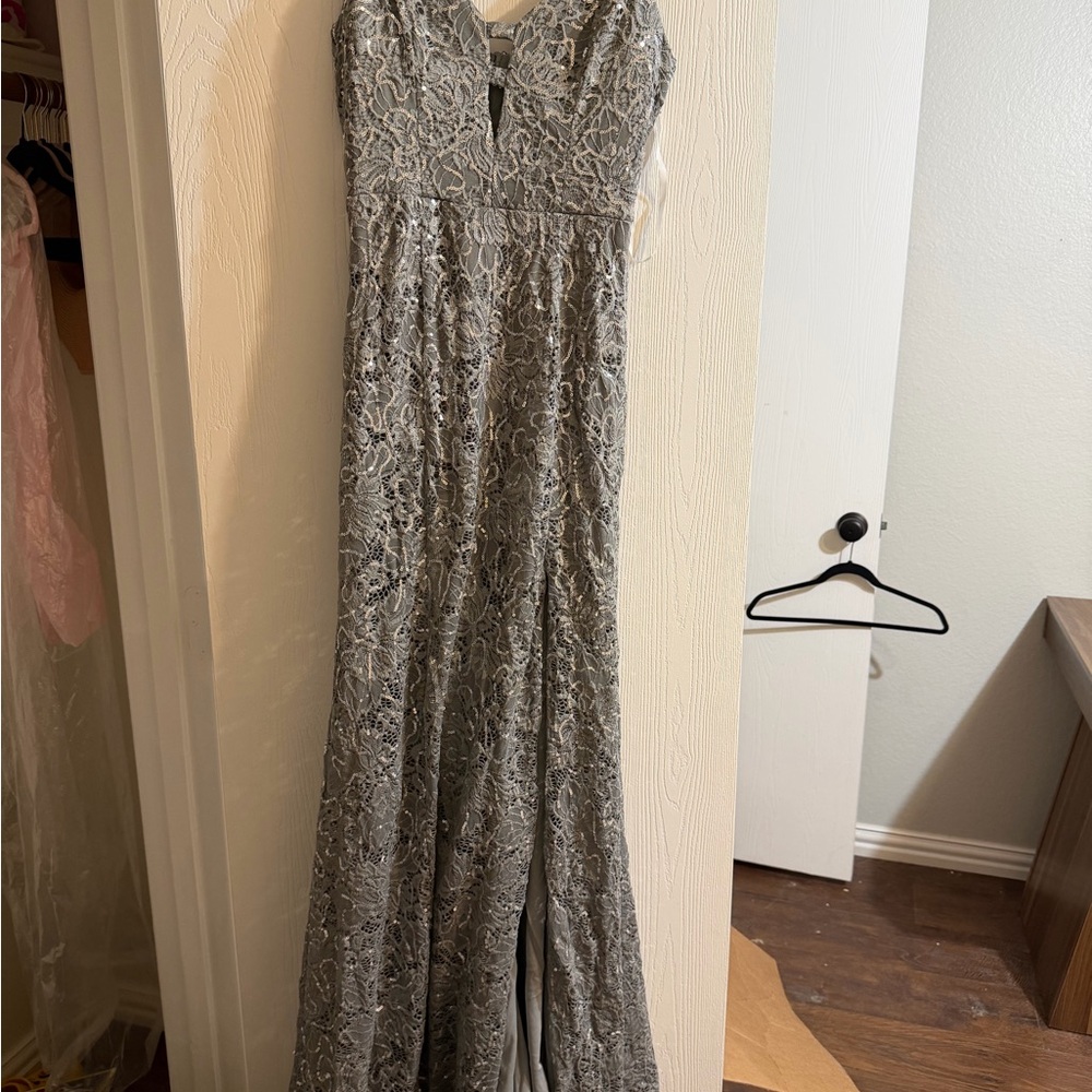 B Darlin Silver Sequin Lace Dress